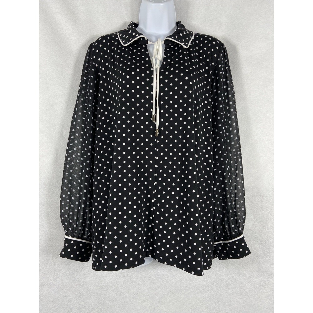 Anne Klein Top Women's XL Black White Polka Dots Sheer Sleeves Boho Chic Jersey